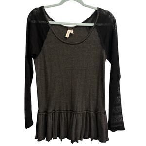 We the Free People Size Large Gray Black Striped Peplum Top Lace Sleeves